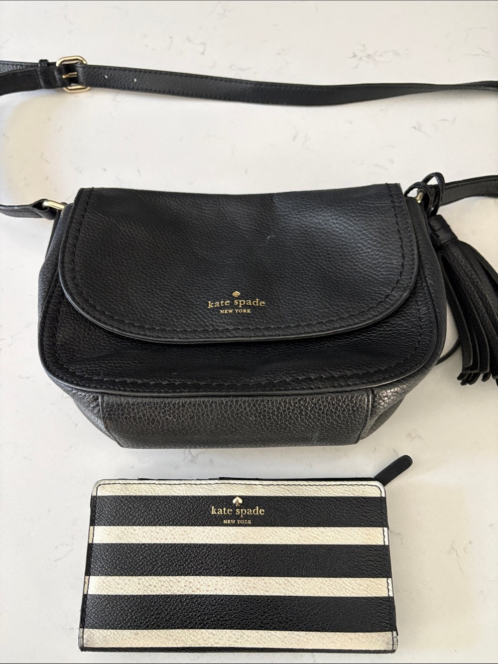 kate spade New York Black Leather Crossbody Bag with Tassel plus leather wallet